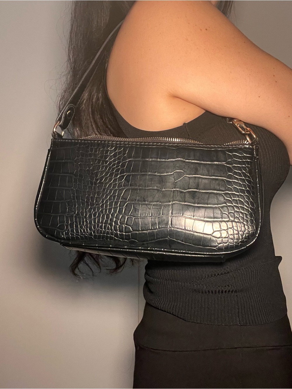 Black Croc-Embossed Shoulder Bag with Polished Hardware